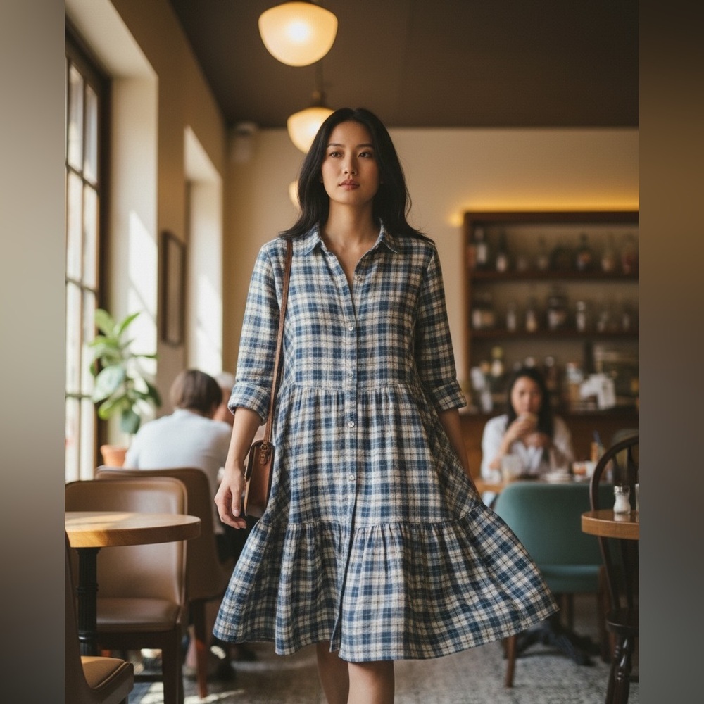 CALISTA buttondown light flannel dress, oversized, medium blue and gray plaid